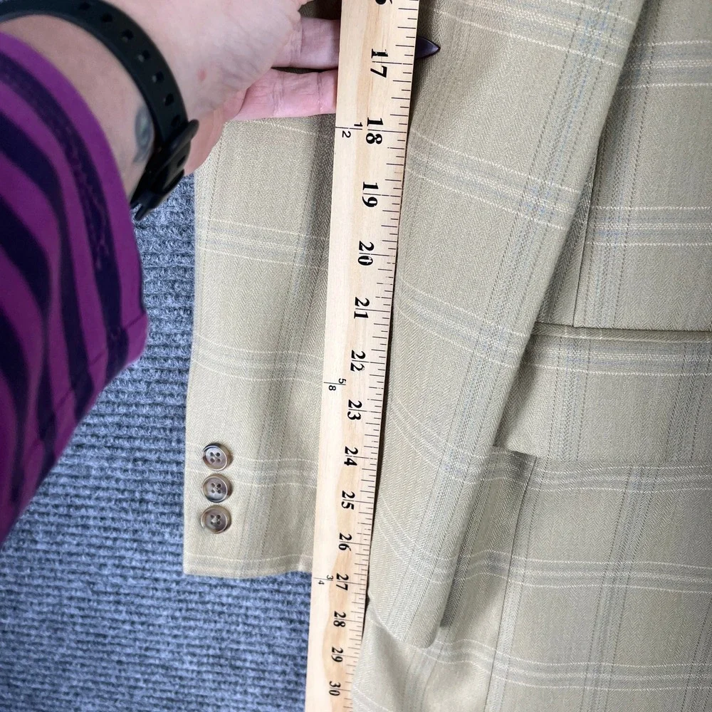 Alan Flusser Worsted Wool‎ Bamboo Plaid Blazer Sport Coat Tan Blue 46L Mens
